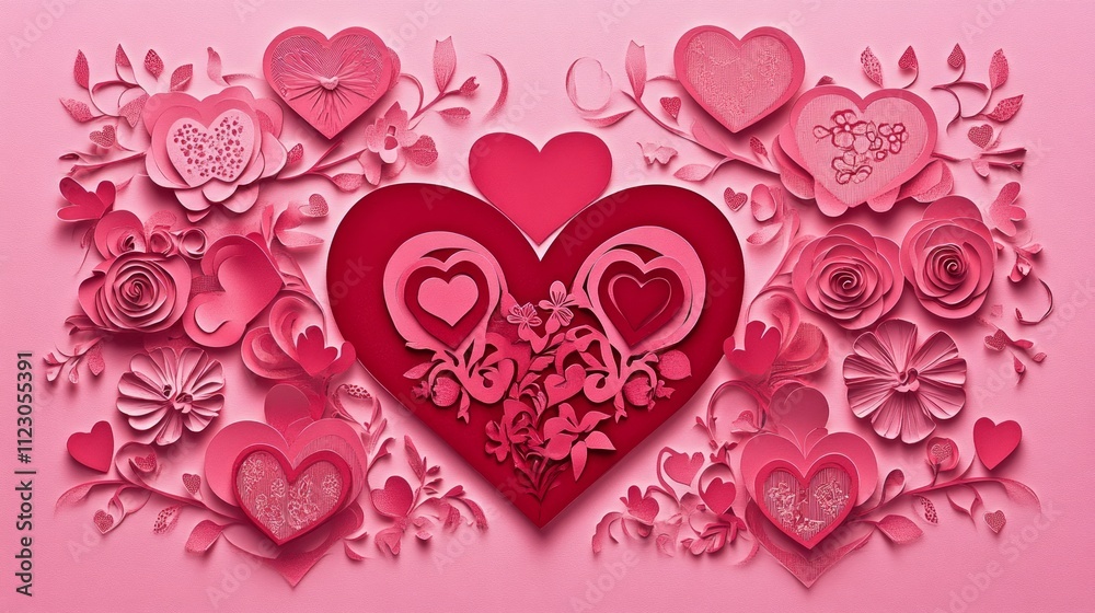Intricate paper heart design with floral elements on pink background. Intricate paper heart design with floral elements on pink background.