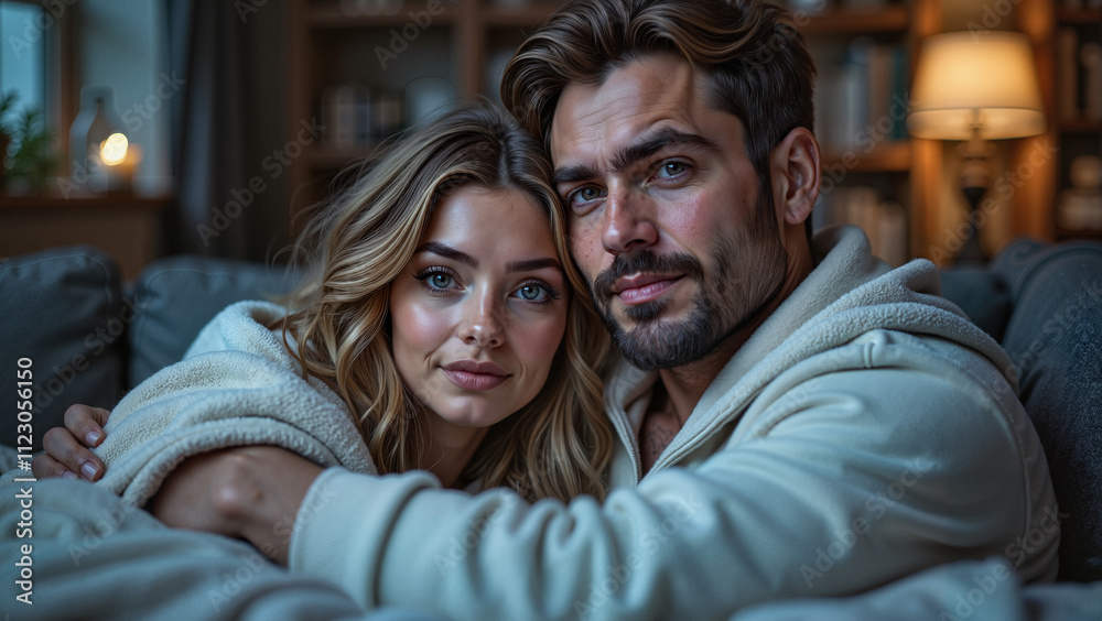 Fototapeta premium Close-up of a couple cuddling under a soft blanket on a cozy sofa in soft lighting 