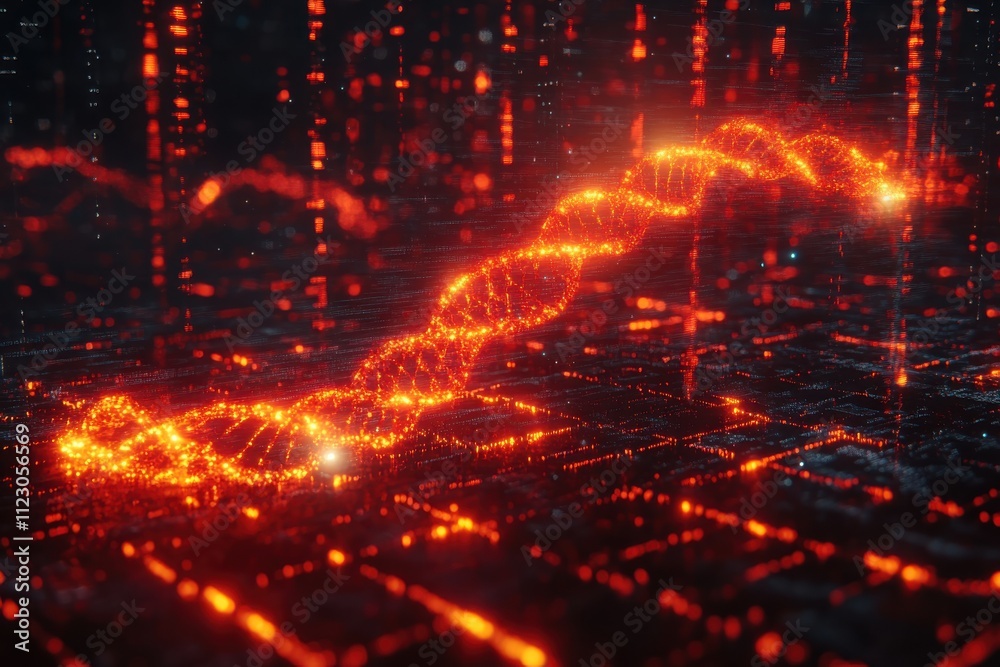 Obraz premium A glowing DNA strand over a digital grid, symbolizing genetic science and technology.