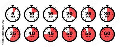 Timer, clock, stopwatch icon set with 5 minutes gap in red and black color vector illustration. Set of timers. 5, 10, 15, 20, 25, 30, 35, 40, 45, 50, 55, and 60 minutes. Countdown timer icons set.