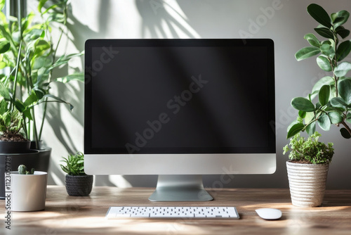 Stylish workplace with computer. Front view of computer screen. Mockup design. Generated AI