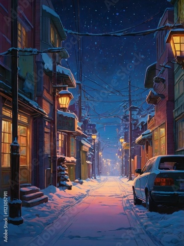 a panoramic view of a snowy village night
