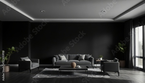 Modern Dark Living Room Interior with a Black Empty Wall, Emphasizing Minimalist Design and Sophisticated Atmosphere