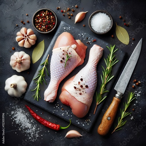  Chicken legs, raw poultry meat on black background, top view