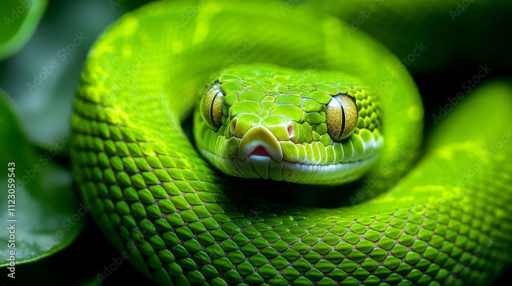 Fototapeta premium A striking green cat snake lies gracefully on foliage, blending with nature in a tranquil forest setting