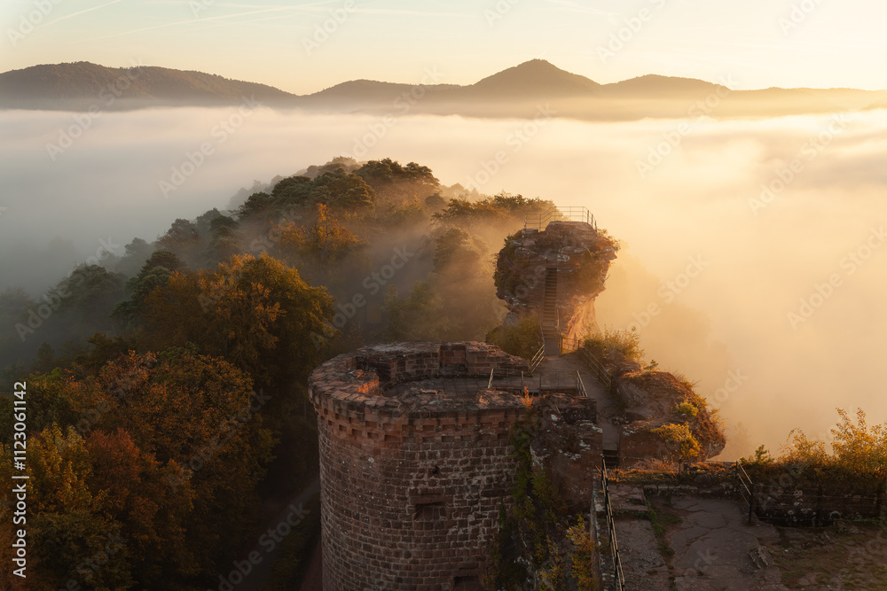 Ταπετσαρία Burgenmassiv Altdahn Burgruine Grafendahn Burgruine Tanstein im Nebel zum Sonnenaufgang