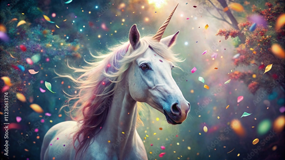 Enchanting unicorn with a glowing horn and flowing mane surrounded by magical sparkles and colorful bokeh lights. A whimsical, fantasy-inspired scene capturing the beauty of mythical creatures. Enchanting unicorn with a glowing horn and flowing mane surrounded by magical sparkles and colorful bokeh lights. A whimsical, fantasy-inspired scene capturing the beauty of mythical creatures.