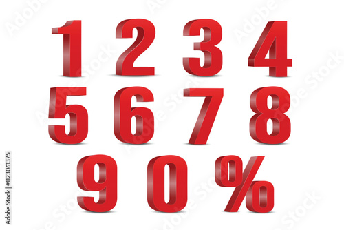 3D numbers vector set. 0, 1, 2, 3, 4, 5, 6, 7, 8, 9 Red color numeral alphabet.