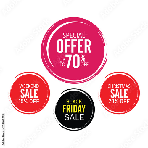 Set of sale tags - Special offer, Black Friday sale, Weekend sale, Christmas sale. Vector labels. Isolated from the background.