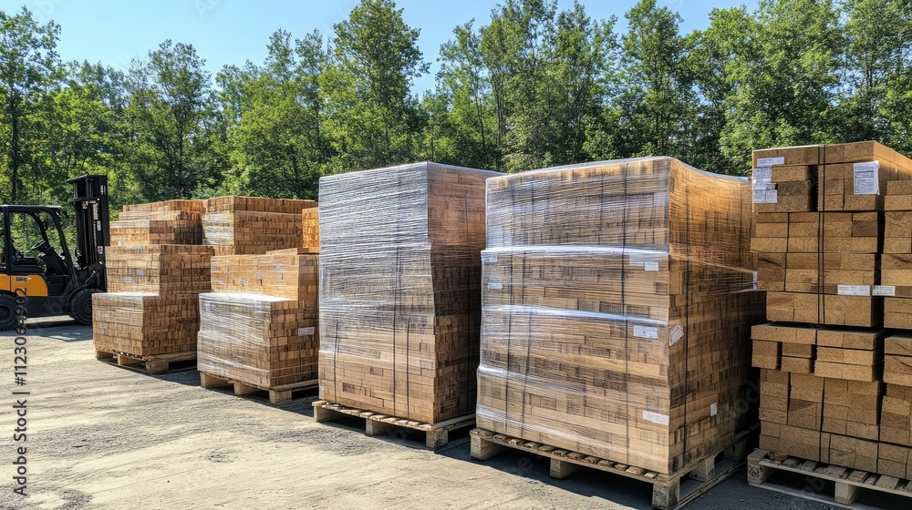 Large stacks of sawn wood products outdoors, wrapped in plastic for shipping, with a forklift nearby.