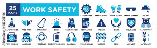 Work Safety icon collection set. Containing design safety, industry, business, protection, equipment, helmet, security	
