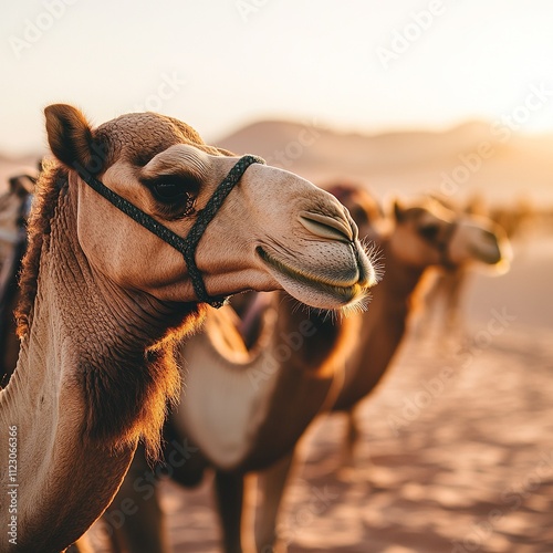 wildlife photo of a camel caravan in the desert, telephoto lens capturing sharpness, photo