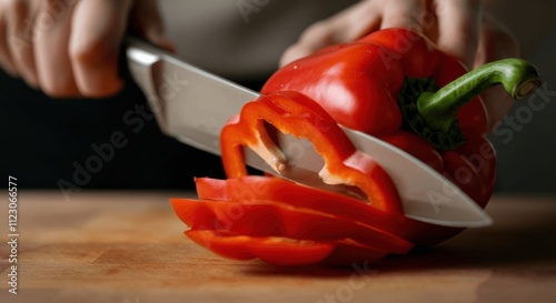 Cutting red bell pepper on white cutting board