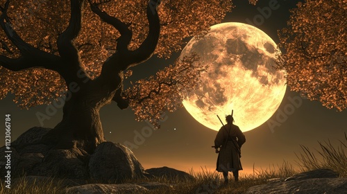 Warrior silhouetted against giant moon. photo