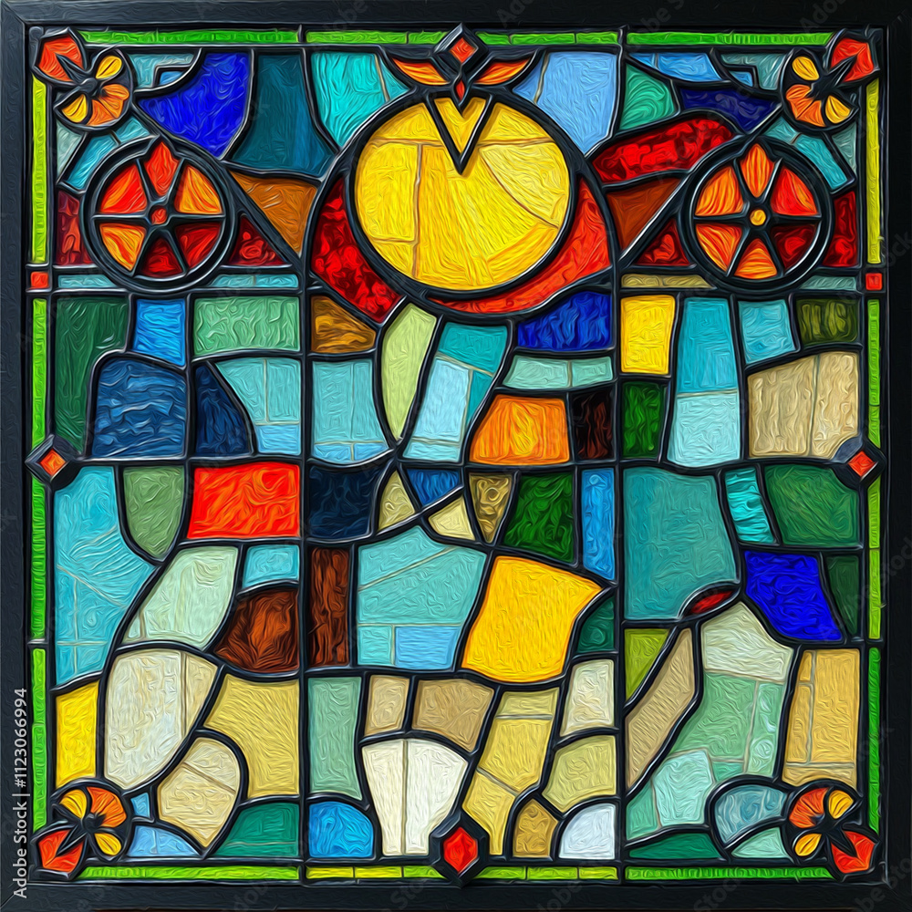 Obraz premium Colorful stained glass window. Multicolored interior design template. Oil painting