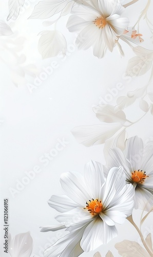 Close-up image of white flowers on white background. Copy space, free space for text