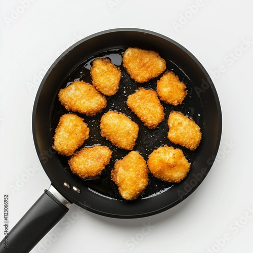 Nuggets frying in nonstick fry pan, top view, white background