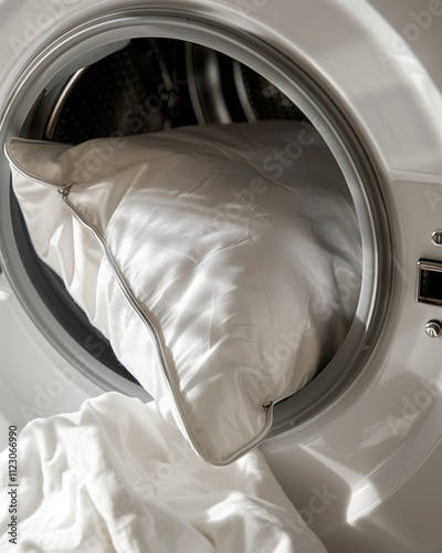 A soft, fluffy white pillow, positioned inside a modern washing machine drum