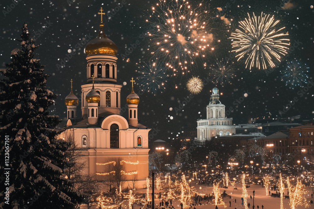 Obraz premium Orthodox Christmas celebrated on January 7th, with an awe-inspiring Orthodox cathedral and colorful fireworks lighting up the snowy winter scene.