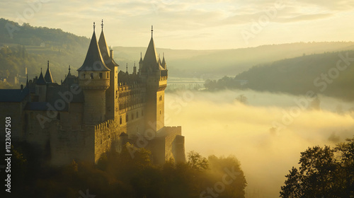 Wallpaper Mural A castle with high towers and battlements, overlooking a valley covered in morning mist. Torontodigital.ca