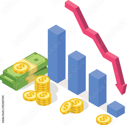 Isometric bar graph is decreasing, showing financial crisis with stack of dollar banknotes and coins, demonstrating economic downturn and financial instability