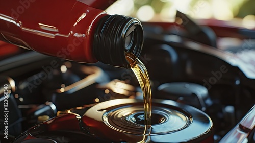 Modern oil bottle with an easy-pour spout in use, refueling a car's engine smoothly photo