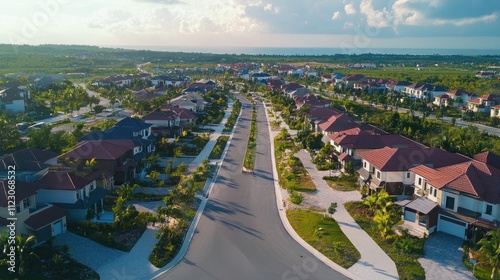 Aerial view of a residential neighborhood with houses, roads, and lush greenery.