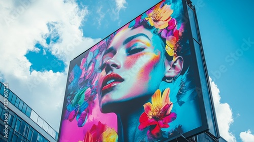 Colorful Female Model Advertising on a Modern Billboard, potential usecase for advertising and marketing campaigns Generative AI