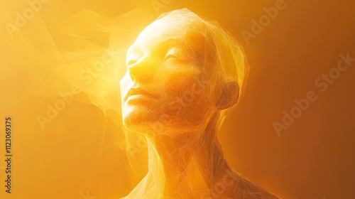 Radiant golden geometric face of a serene human figure, created with polygonal detail to reflect calm and digital creativity