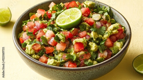 A bowl of vibrant guacamole with fresh lime and cilantro, on a pastel yellow background
