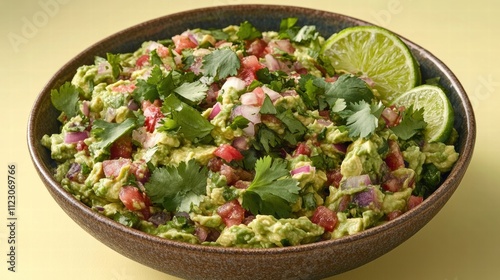 A bowl of vibrant guacamole with fresh lime and cilantro, on a pastel yellow background