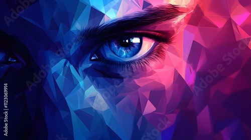 Closeup view of a human eye with intense blue and pink shades rendered in polygonal digital art style photo