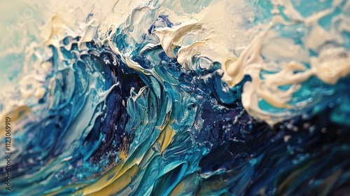 A close-up of a wave crest, capturing the delicate foam patterns and vibrant ocean colors