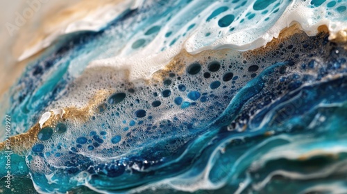 A close-up of a wave crest, capturing the delicate foam patterns and vibrant ocean colors