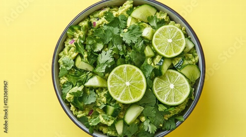 A bowl of vibrant guacamole with fresh lime and cilantro, on a pastel yellow background