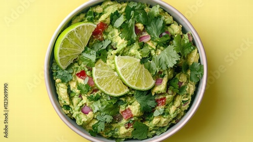 A bowl of vibrant guacamole with fresh lime and cilantro, on a pastel yellow background