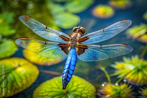 Stunning Aerial View of Male Broadbodied Chaser Dragonfly (Libellula depressa) in Natural Habitat Surrounded by Lush Greenery and Water, Captured Using Drone Photography Technique photo