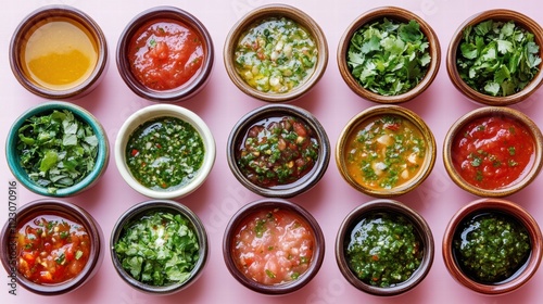 A colorful array of salsas in small bowls on a pastel pink background