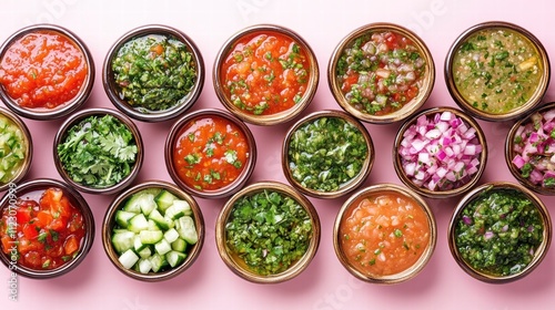 A colorful array of salsas in small bowls on a pastel pink background