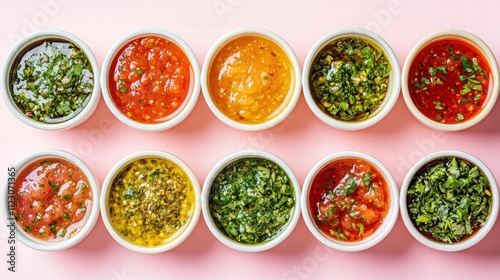 A colorful array of salsas in small bowls on a pastel pink background