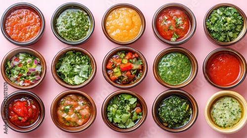 A colorful array of salsas in small bowls on a pastel pink background