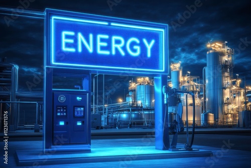 Modern Digital Vector Illustration of an Oil and Gas Pump with Glowing ENERGY Sign, Featuring Clean Lines and a High-Definition Style photo