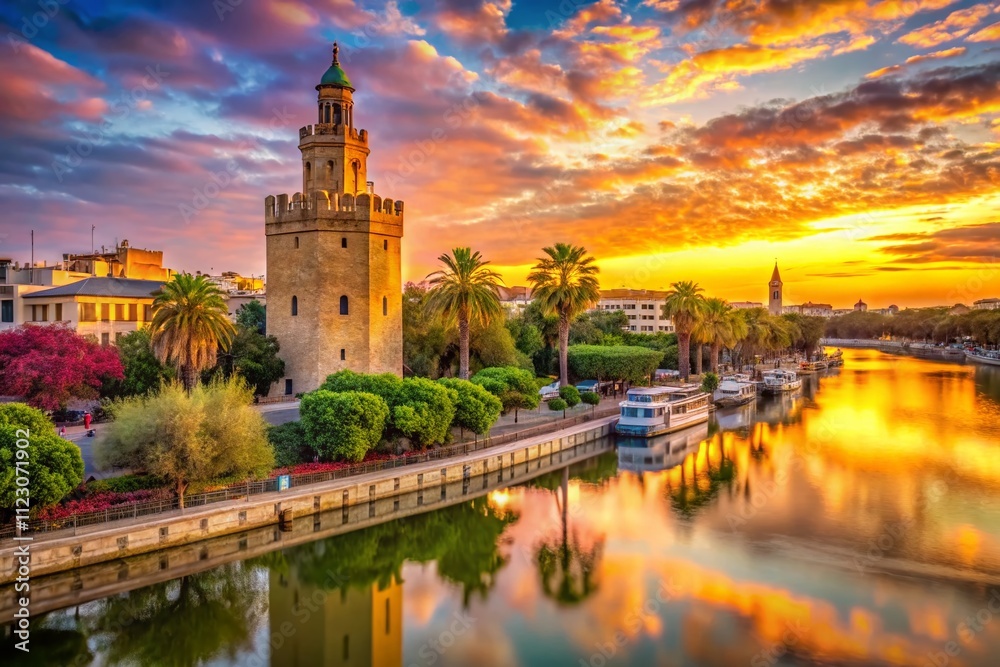Fototapeta premium Stunning Architectural Photography of Torre del Oro in Seville, Andalusia, Showcasing Its Rich History and Iconic Design Against a Beautiful Sky