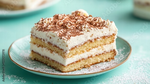 A single slice of tres leches cake on a pastel teal background