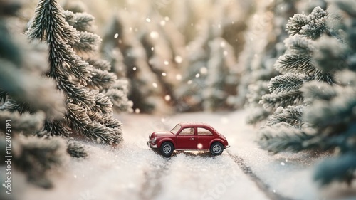 miniature of a red car in the pine forest on a winter day with snow outside