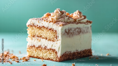 A single slice of tres leches cake on a pastel teal background