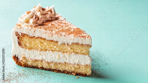 A single slice of tres leches cake on a pastel teal background