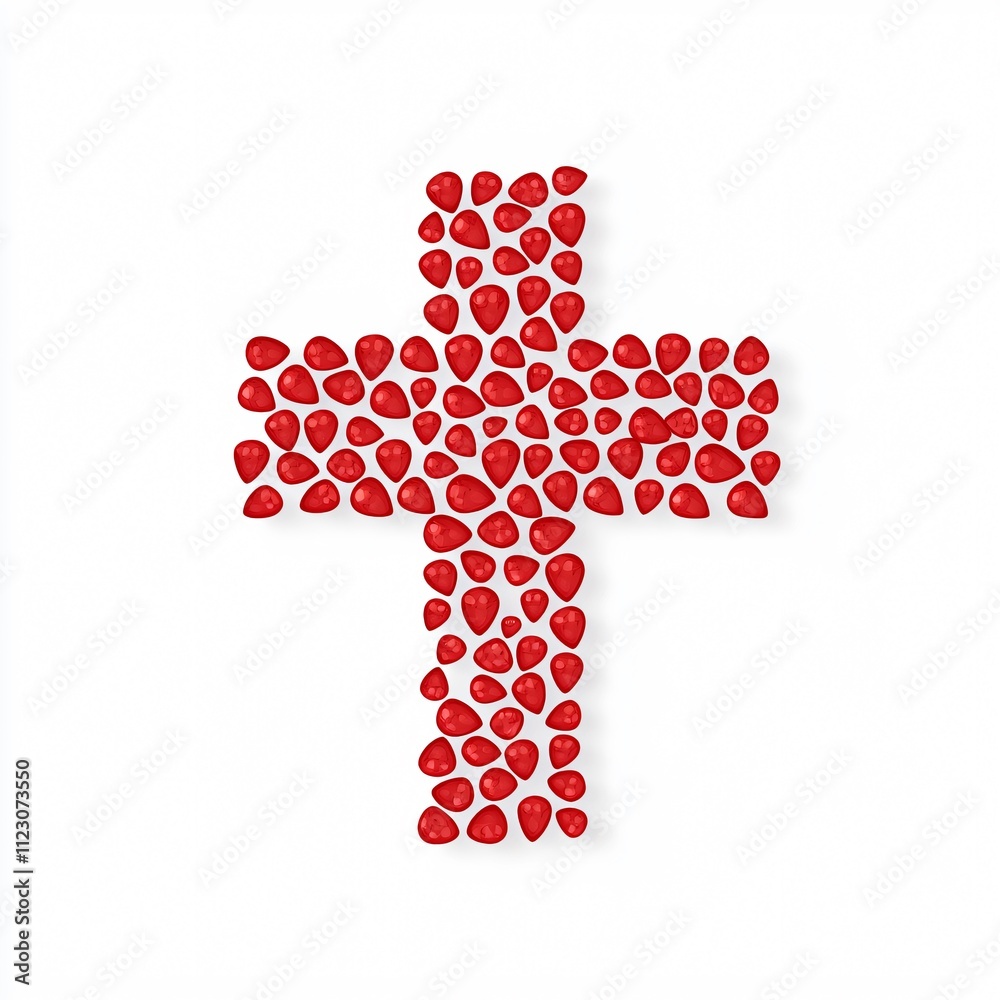 Obraz premium A vibrant red cross made of heart shapes, symbolizing love, faith, and compassion against a minimalist white background.