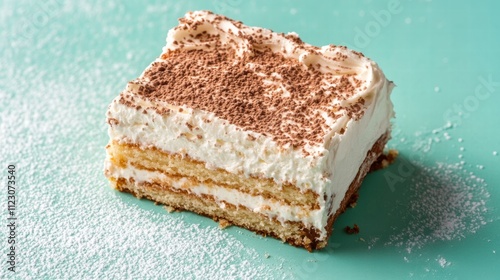 A single slice of tres leches cake on a pastel teal background