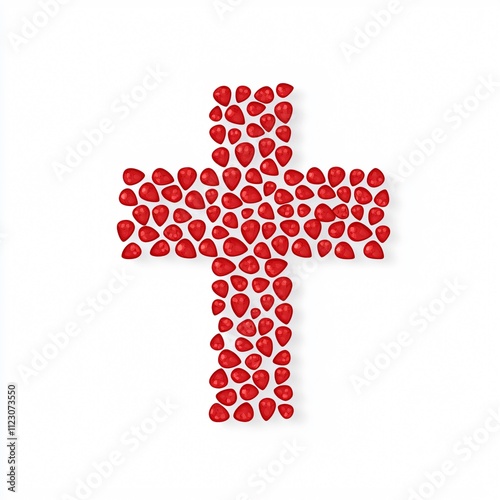 A vibrant red cross made of heart shapes, symbolizing love, faith, and compassion against a minimalist white background.